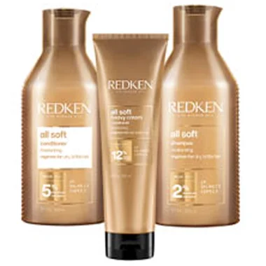 Redken All Soft hrplejeserie – shampoo, balsam og kur til trt hr